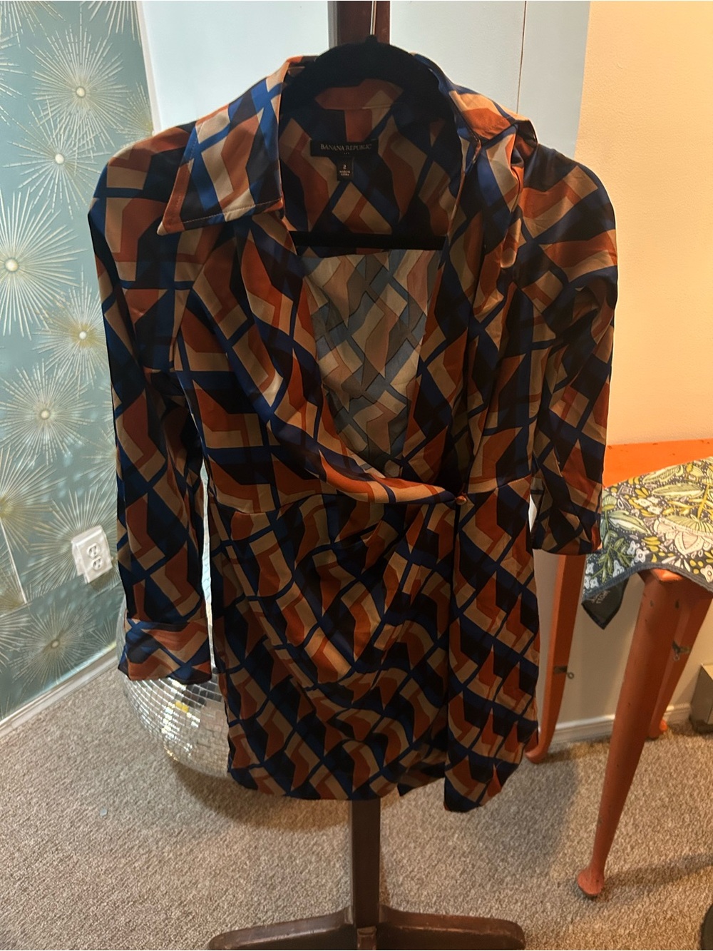 Banana Republic Multicolor Geometric Wrap Blouse in Navy, Rust & Cream